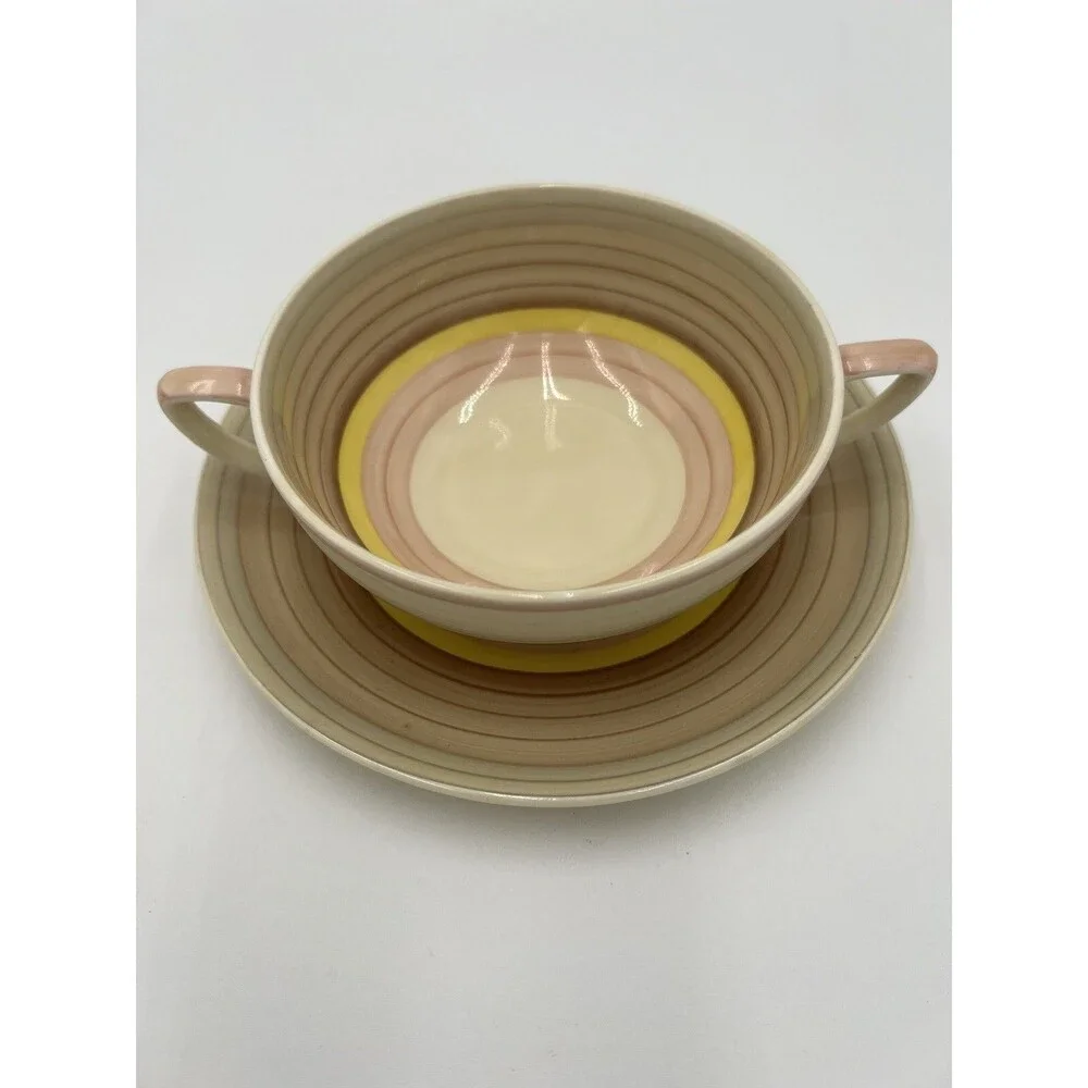 Vintage Susie Cooper Crown Works Cream Soup Bowls & Saucers Wedding Band